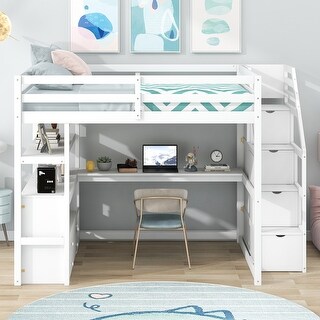 Full Size Loft Bed with Desk, Shelves, and Storage Staircase, White