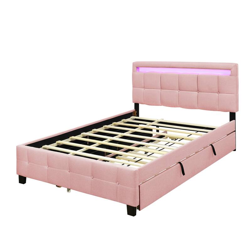 Queen Size Linen Upholstered Platform Bed with Twin XL Trundle and 2 Drawers Wood Storage Bed Frame with LED & Tufted Headboard