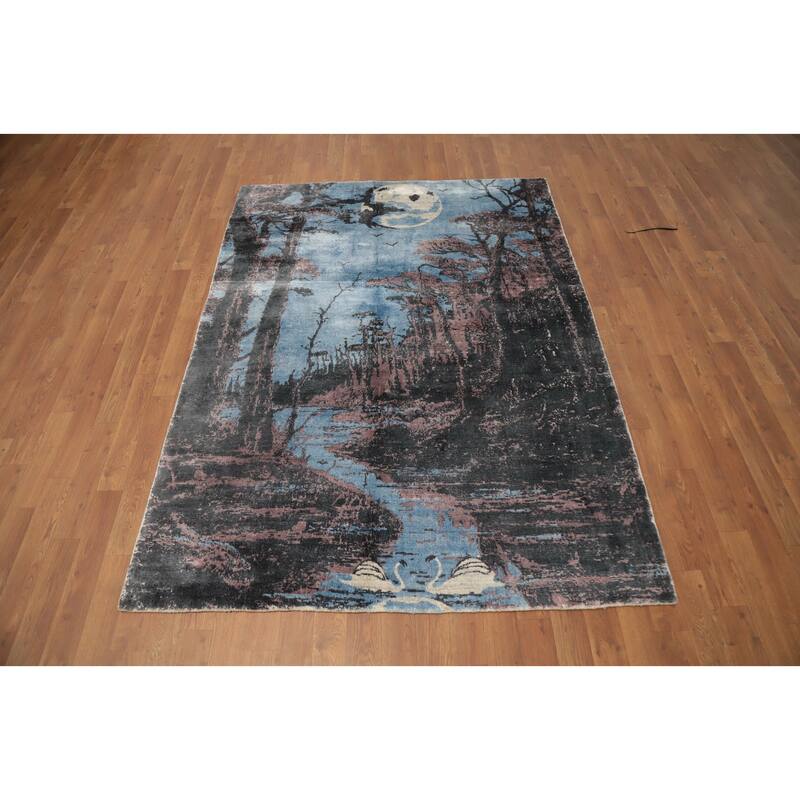 Hand Knotted Oriental Viscose Silk Carpet Modern Pictorial Navy Blue & Blues Abstract Area Rug - 6' 4'' X 4' 8''