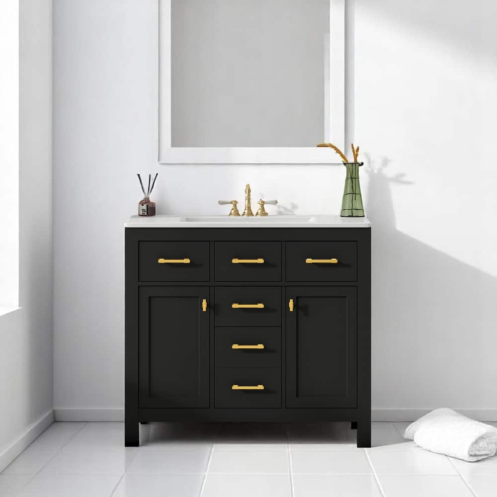 Freestanding 36'' Single Sink Bathroom Vanity with 2 Cabinets & 4 Drawers, Ceramic Top, Modern Shaker Style