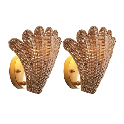 Elodie 11.5" Coastal 1-Light Rattan Scallop Shell LED Wall Sconce, (Set of 2)
