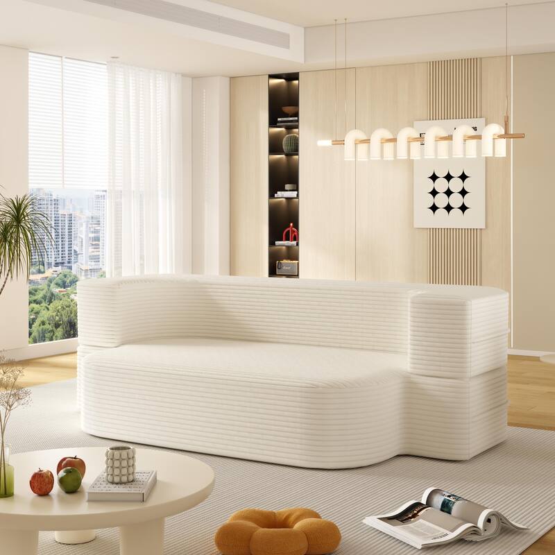 GDFStudio - Modern 78.7" 2-in-1 Plush Corduroy Tufted Upholstered Convertible Foldable Sleeper Sofa Bed with Blanket & 2 Pillows