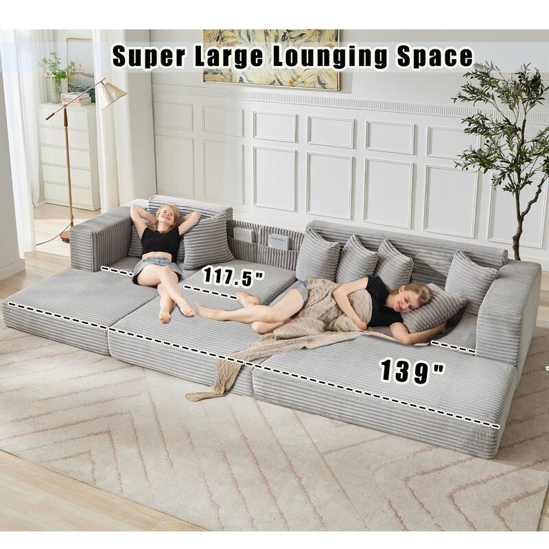 Floor Sleeper Sofa Bed Convertible L-shaped Modular Sectional Couch with Chaise, Corduroy Compression Sofa with Side Pockets