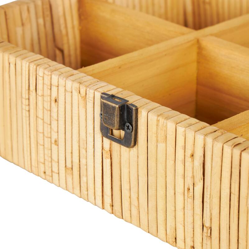 Brown Rattan Handmade Wrapped 6 Slot Decorative Jewelry Box with Tempered Glass Top