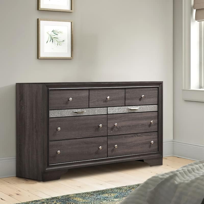 Wooden Dresser with 7 Drawers and 2 Jewelry Drawer, Gray and Silver