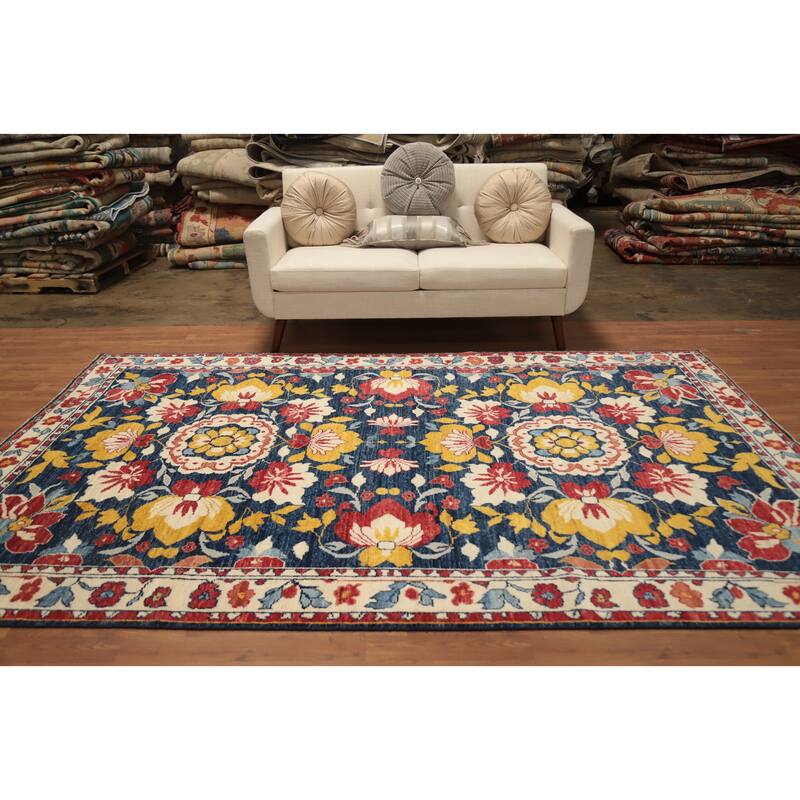 Hand Knotted Oriental 100% Wool Carpet Transitional All-Over Navy Blue & Blues Oushak Area Rug - 9' 10'' X 6' 6''