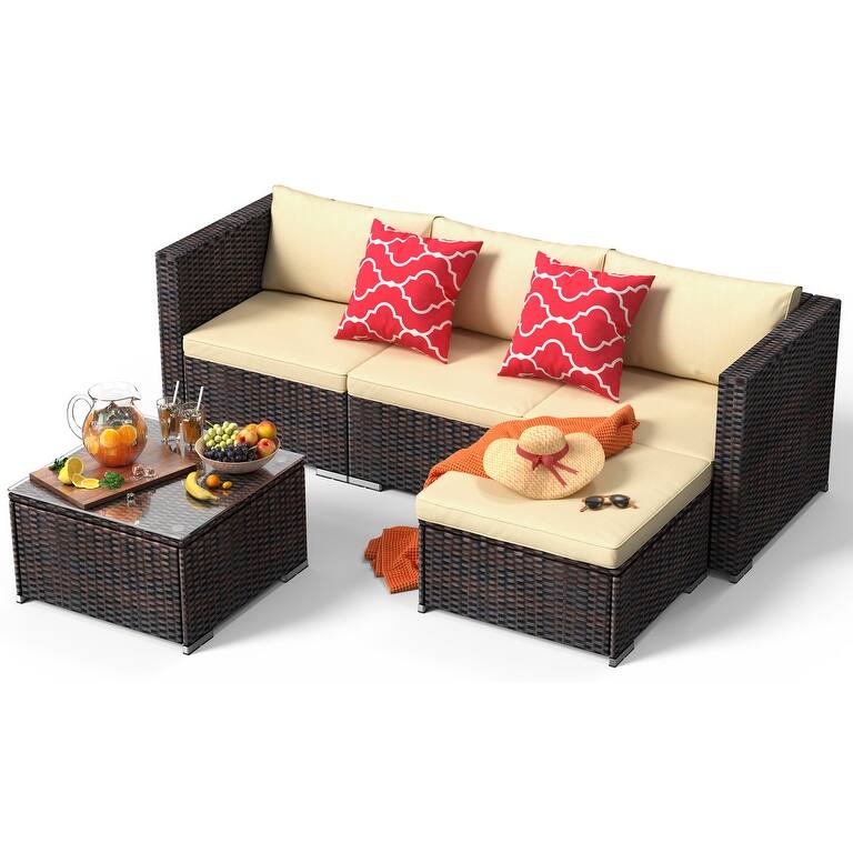 5-Pieces Outdoor Sectional Set, Patio Conversation Set, Rattan Sectional Sofa Set with Coffee Table