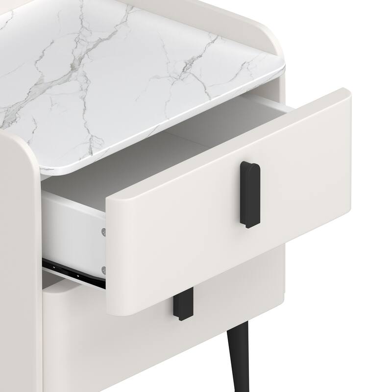 Modern 2-Drawer Nightstand with Marble-Pattern Top - Bedside/End Table for Bedroom/Living Room (White)