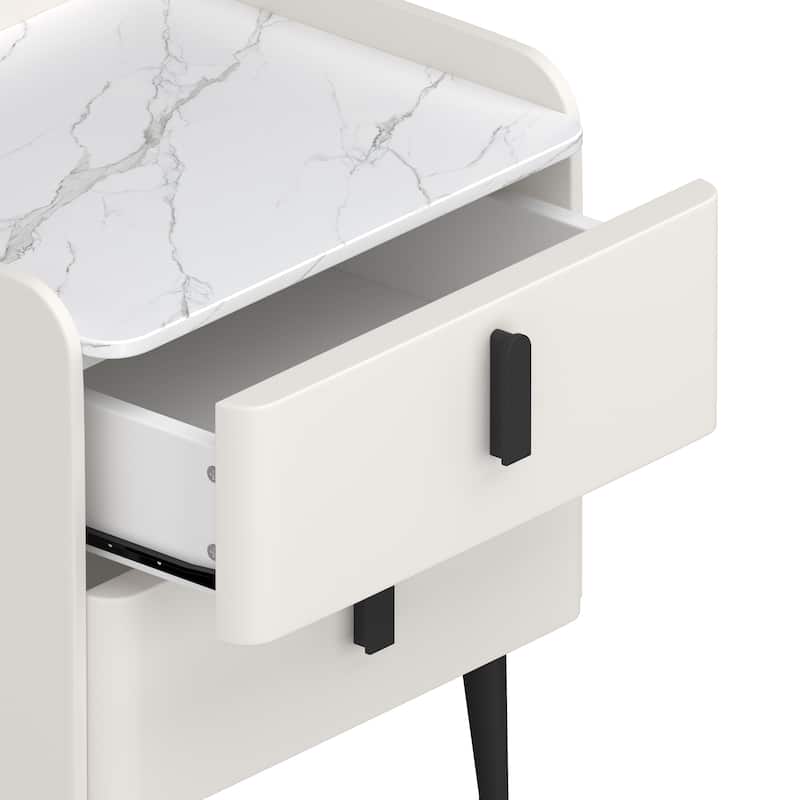 Roomfitters Modern Nightstand with 2 Drawers and Marble-Pattern Top, Bedside or End Table for Bedroom and Living Room