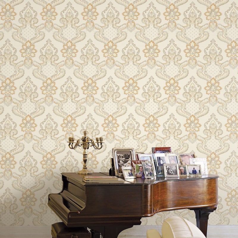 Galerie Wallcoverings Opulence Collection Italian Damask Vinyl on Non-woven Glitter/Shimmer Wallpaper Roll Double Width