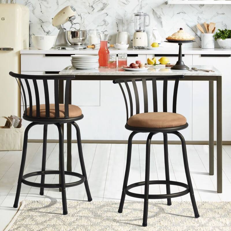 Modern Brown Microfiber Swivel Bar Stools (Set of 2) with Low Back, Black Metal Frame & Footrest