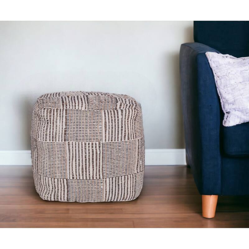 HomeRoots 18" Brown Cotton Cube Geometric Pouf Ottoman