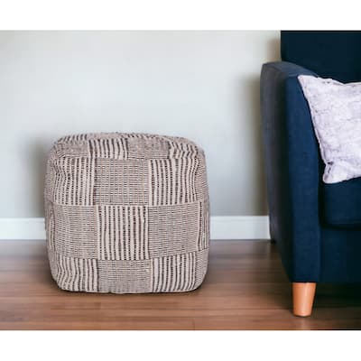 HomeRoots 18" Brown Cotton Cube Geometric Pouf Ottoman