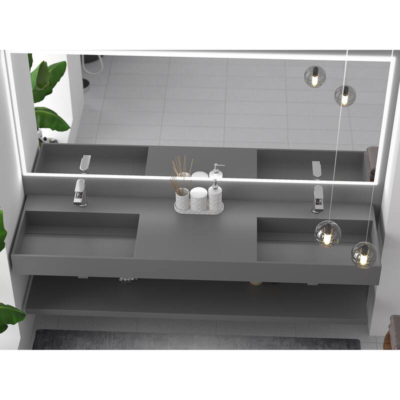 Juniper Stone Solid Surface Wall-mounted Vessel Sink - 72" - Grey