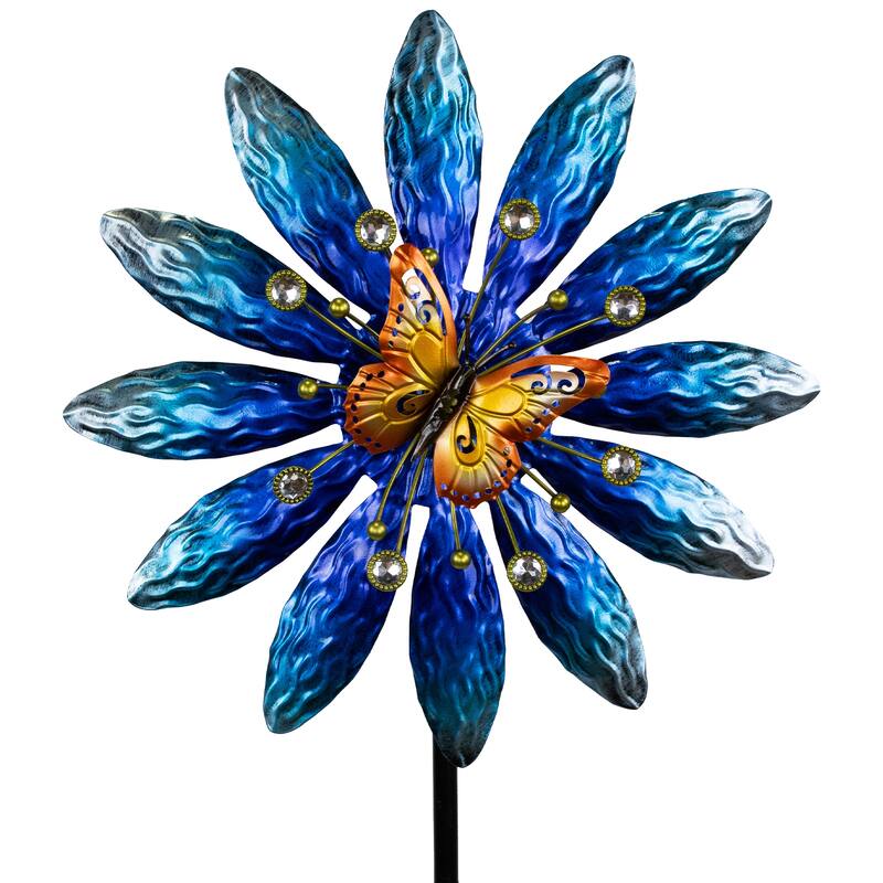 Blue Flower with Butterfly Outdoor Pinwheel Garden Stake - 4'