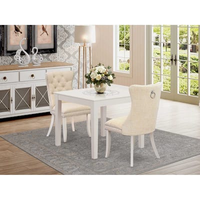 HomeStock 3-Pc Linen White Finish Square Solid Wood Top Dining Table Set