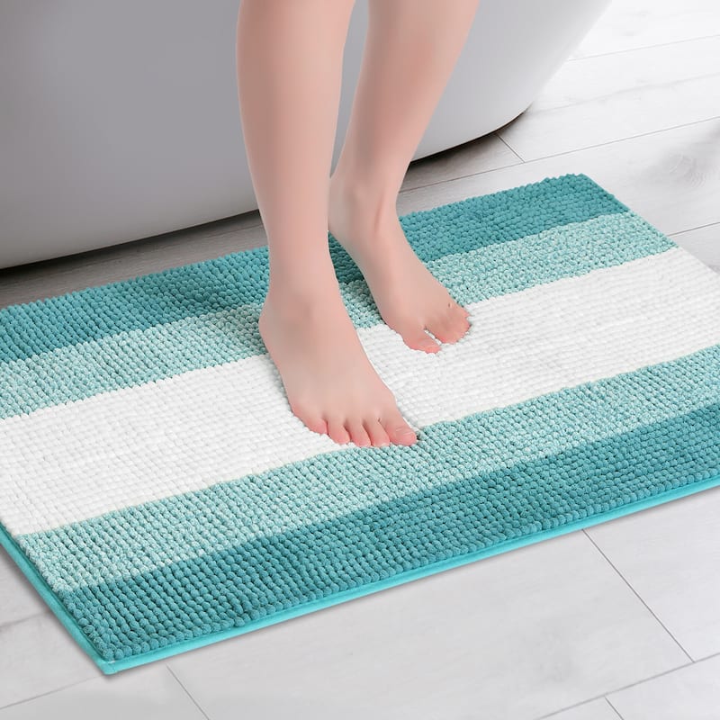Bathroom Rug, Extra Soft and Absorbent Chenille Bath Rug Fluffy Striped Bath Mat with Non Sllip Backing Floor Mat - Green