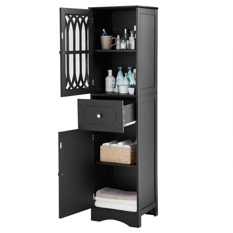 Freestanding Adjustable Storage Cabinet with Metal Knobs, Acrylic Panel Door Cabinet, Groove Pattern Drawer and Door Cabinet