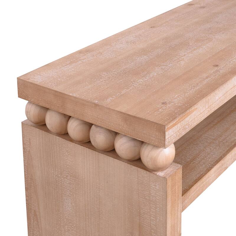 59" Natural Wood Console Table with Semi Open Shelf and Bead Detailing