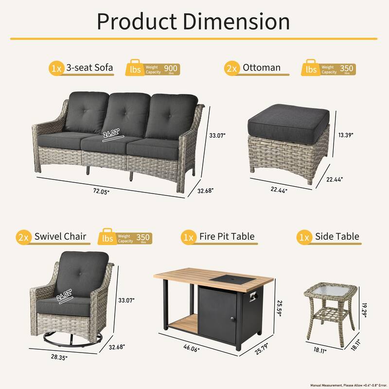 OVIOS 7 Pieces Outdoor Wicker Curved Swivel Chair Set With Fire Table