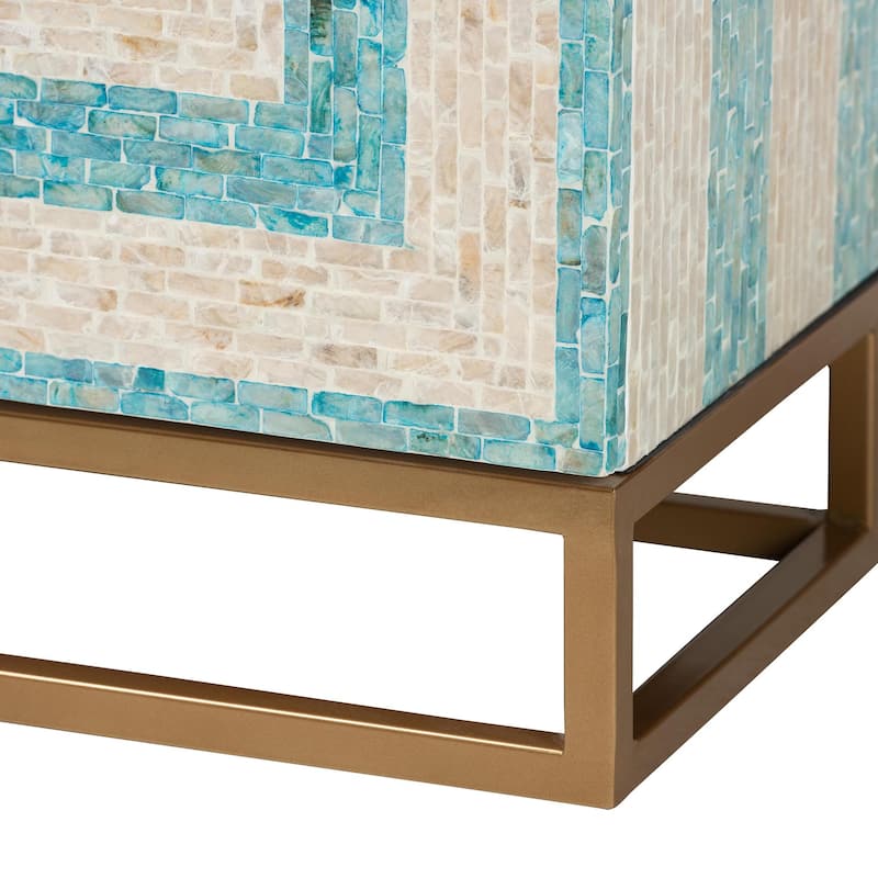 Utari Modern Bohemian Two-Tone Beige and Blue Mother of Pearl and Gold Metal Storage Cabinet