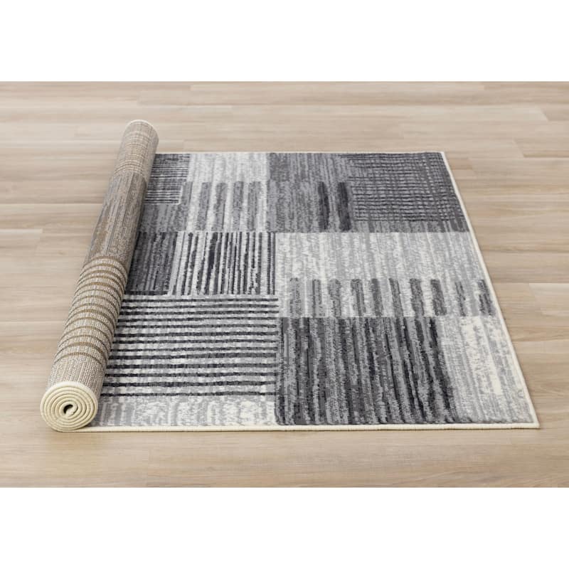 Forte White Grey Black Modern Striped Patches Area Rug, 5'3" x 7'5"