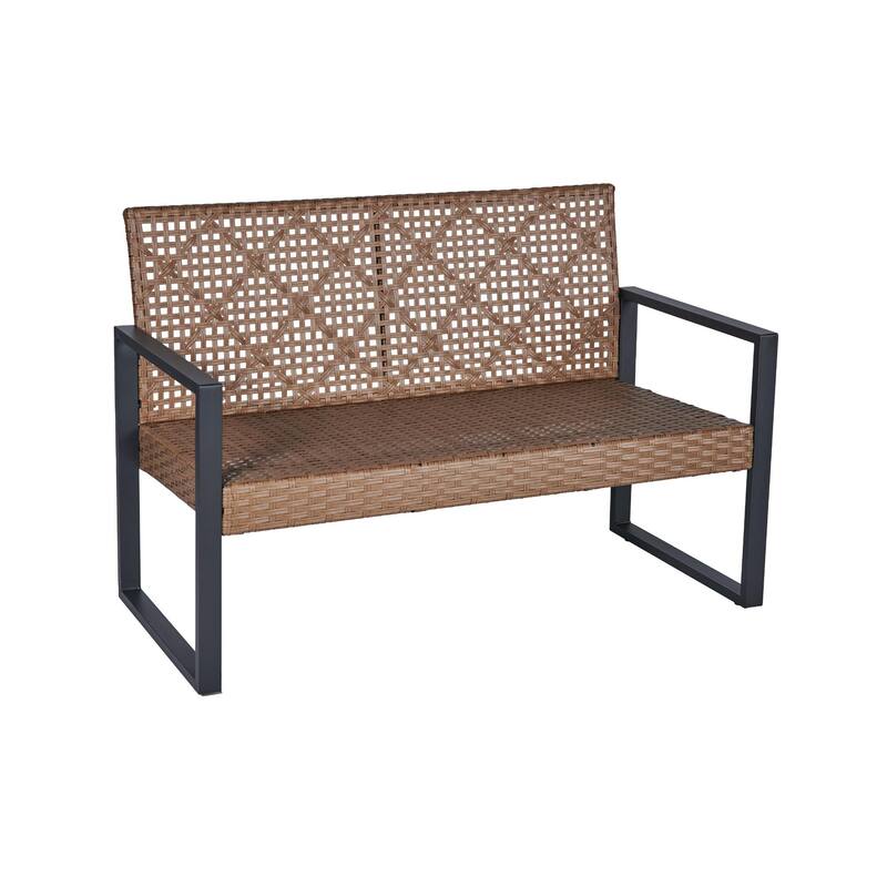 4-Piece Outdoor Patio Rattan Conversation Sofa Set with Acacia Wood Coffee Table and 2 Armchairs