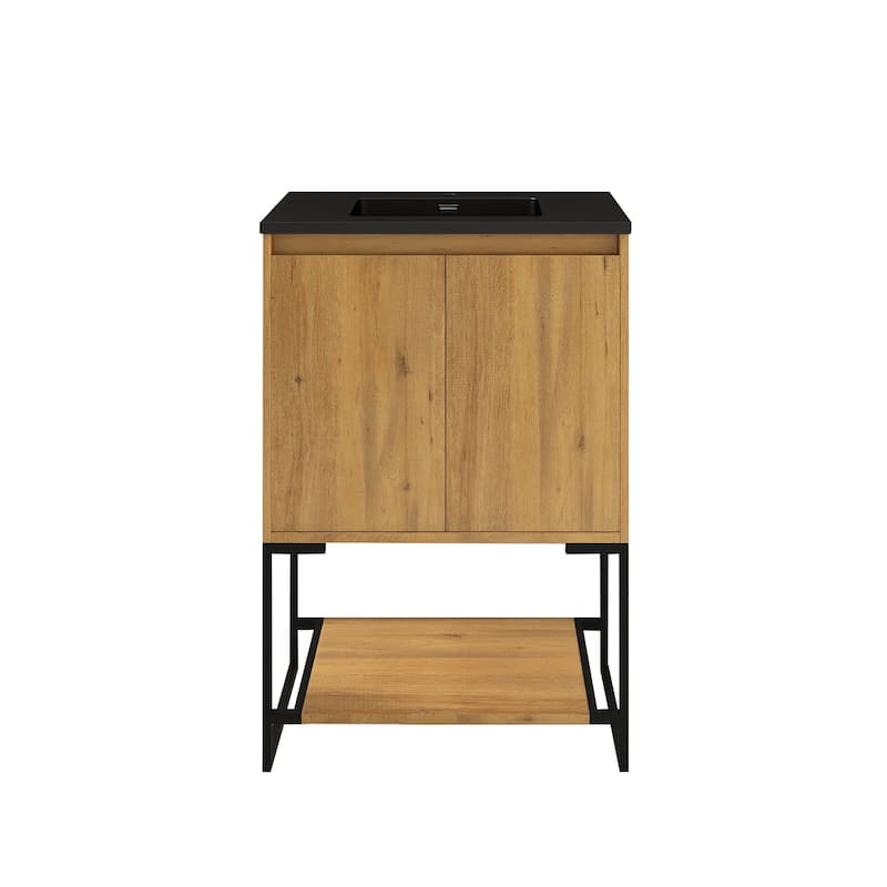 Freestanding Bathroom Vanity Set in Oak with Integrated Solid Surface Sink