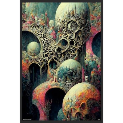 Fantastical Psychedelic Dystopia Skulls Nightmare Framed Poster - 24 x 36 Inch