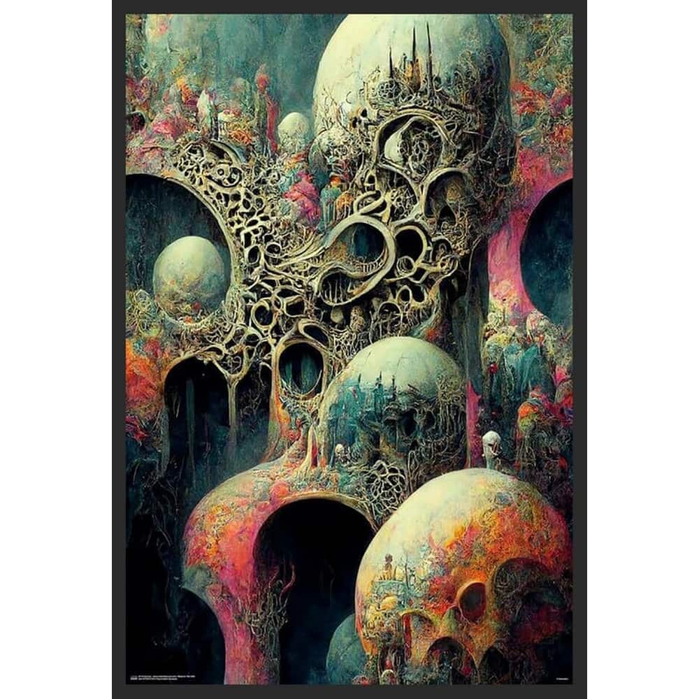 Fantastical Psychedelic Dystopia Skulls Nightmare Framed Poster - 24 x 36 Inch