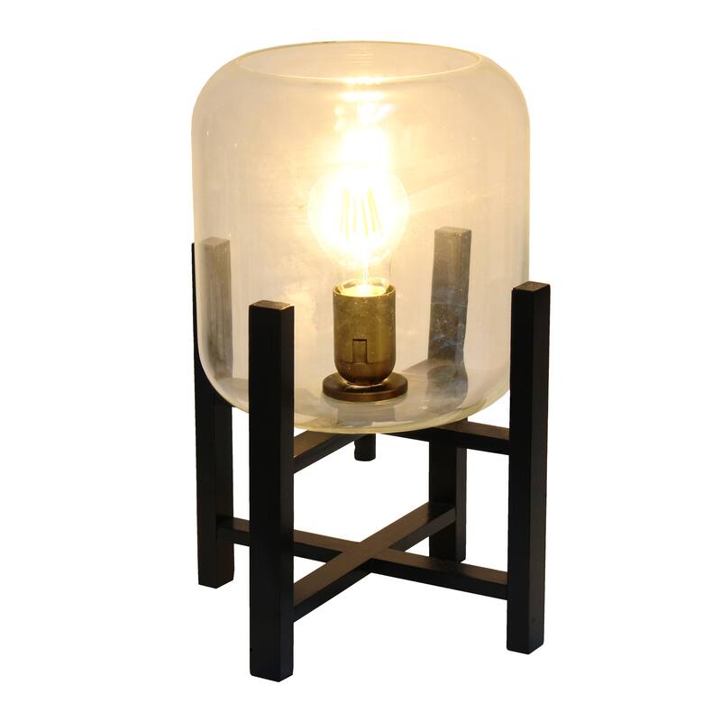 Glass Industrial Table Lamp with Wood Base and Cylinder Shade - 9 x 9 x 13.5 in. (L x W x H)