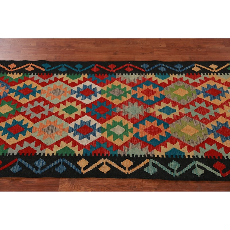 Hand Woven Oriental 100% Wool Carpet Southwestern Geometric Multi-Colored Kilim Runner Rug - 12' 9'' X 2' 9''
