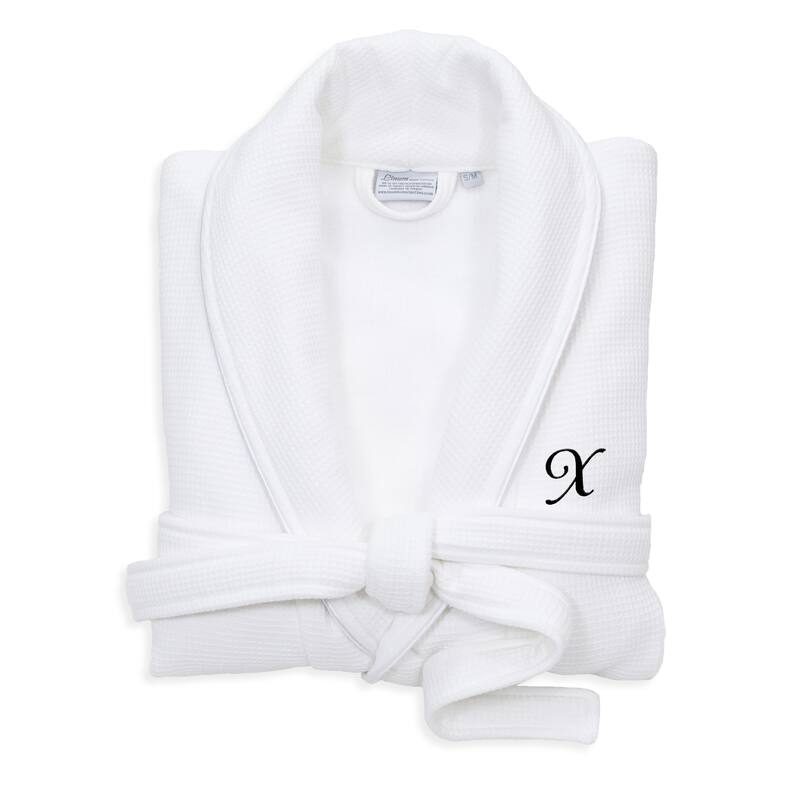 Authentic Hotel and Spa White Unisex Turkish Cotton Waffle Weave Terry Bath Robe with Black Script Monogram - S/M - X