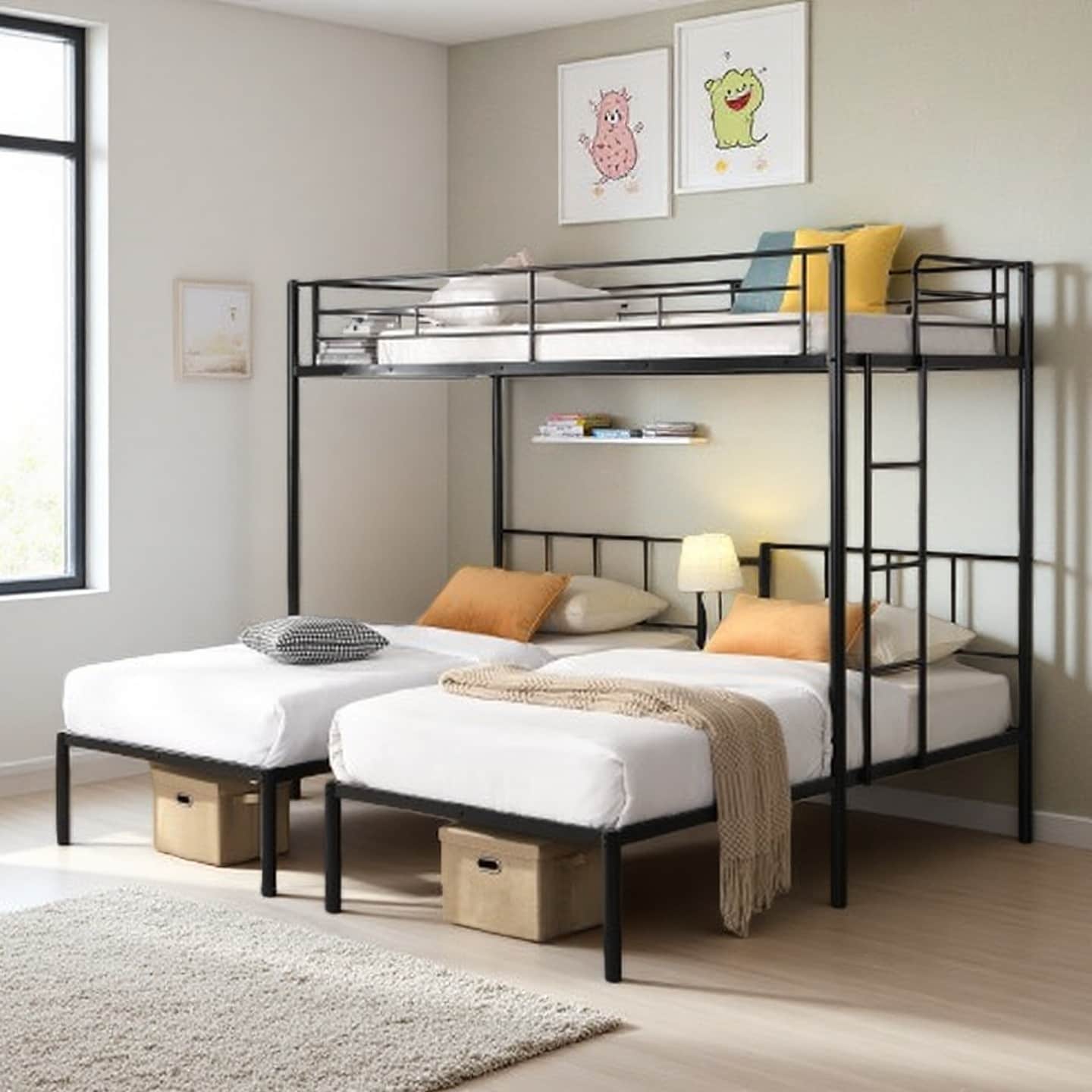 Triple Twin Bunk Bed with Metal Frame, Vertical Ladder, Guardrails, and Built-in Shelf for Storage - Twin Over Twin Over Twin
