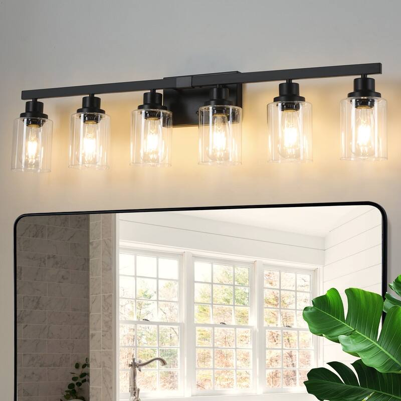 Bathroom Vanity Light With Clear Glass Shades For Vanity Mirror, Bathroom, Or Hallway - 6-Lights - Black