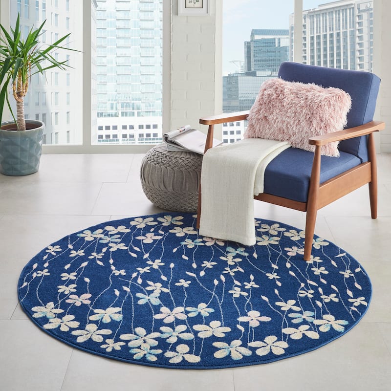Carson Carrington Molle Floral Area Rug - 5'3" Round - Navy Blue - Rectangle