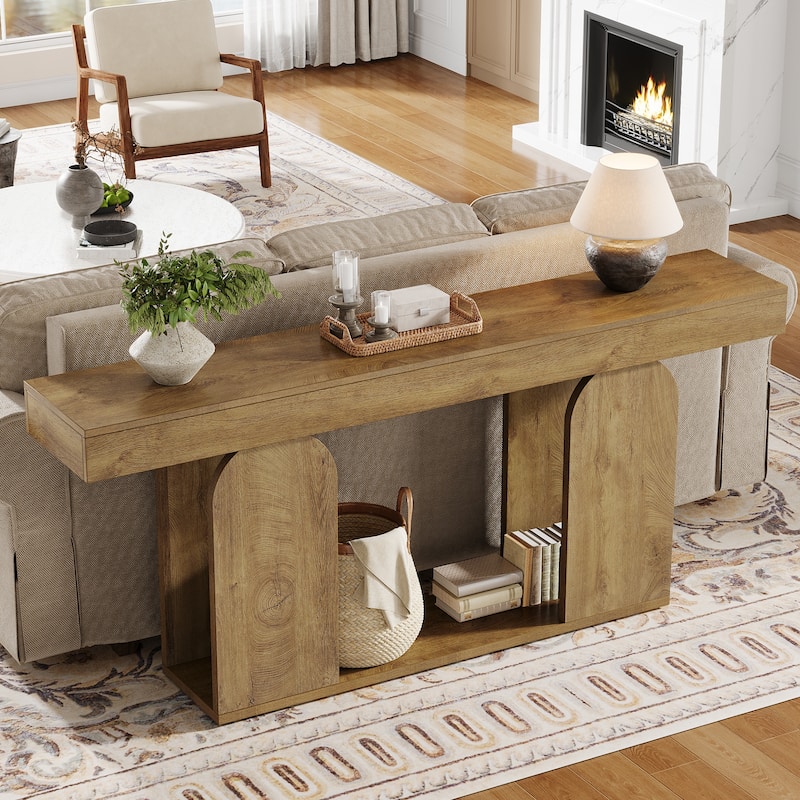 Long Wood Entryway Table, Storage Shelf Sofa Console Table, Living Room Hallway Foyer Behind Couch