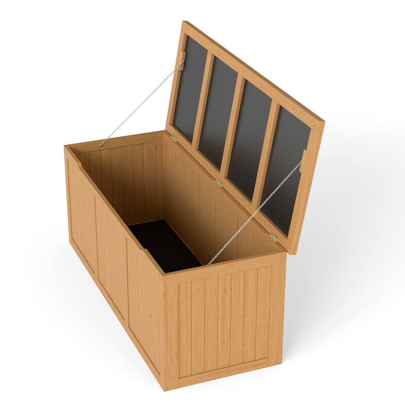 112 Gallon Outdoor Wooden Deck Box Solid Wood Storage Box Seat & Table Top for Patio Furniture Cushions, Pool Toys,Garden Tools