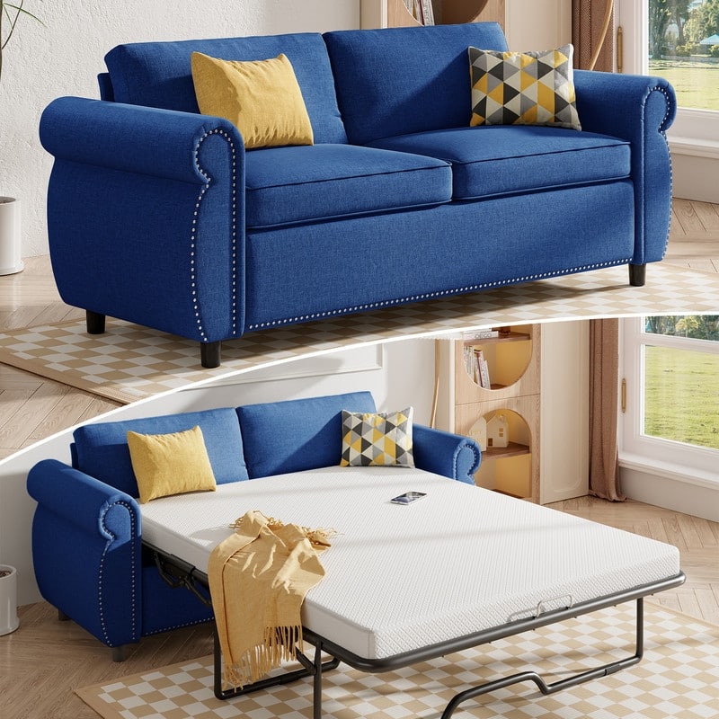 Mixoy Full/Queen Size Pull Out 2 in 1 Sleeper Sofa Bed with Mattress,Convertible Upholstered Loveseat with Nailhead - Full Size - Blue