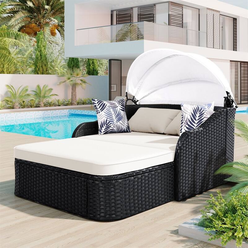 Outdoor Rattan Sunbed, Patio Wicker Daybed Lounger with Adjustable Canopy, Double Lounge,Thick Seat & Cushions, Conversation Bed