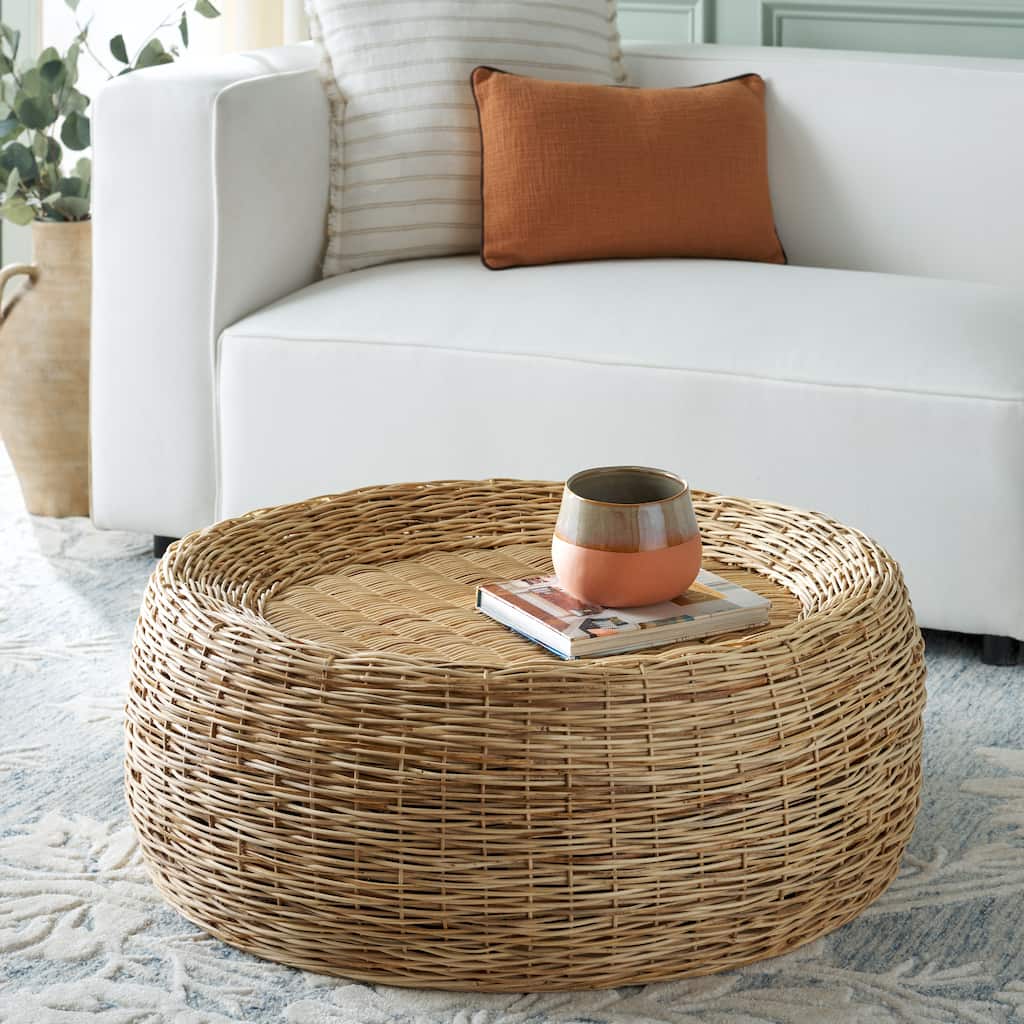 SAFAVIEH Mordekai Rattan Round Coffee Table, Fully Assembled - 32"W x 32"D x 13"H