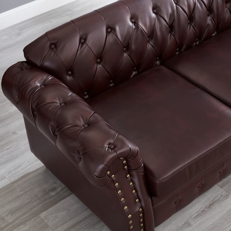 Faux Leather Chesterfield Sofa, Button Tufted 3 Seater Sofa with Storage, Upholstered Sofa with Nailhead Trim & 3 Pillows
