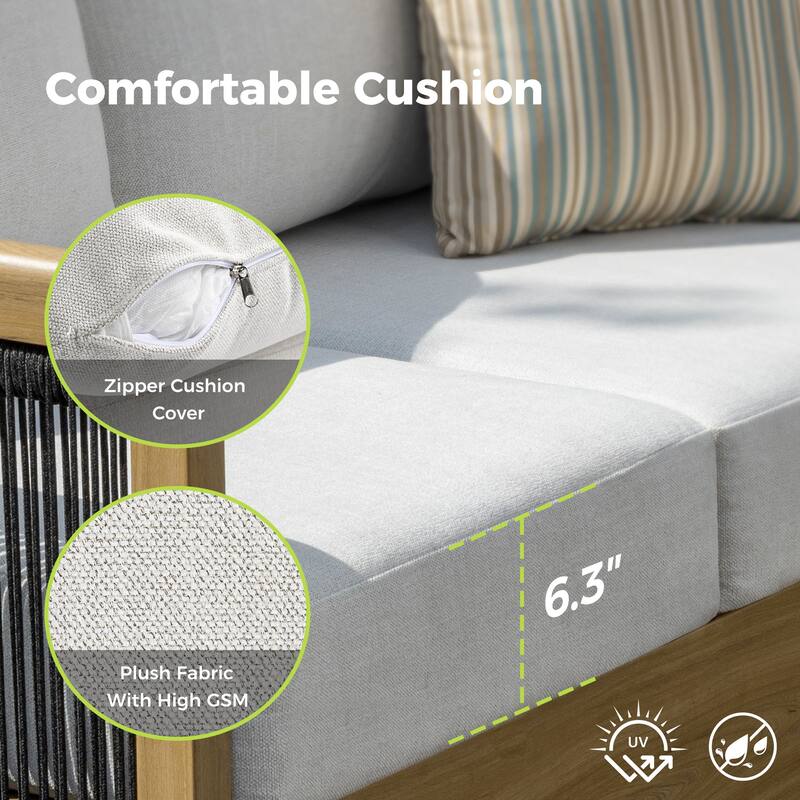 Overture 4-Piece Natural Wood Grain Aluminum Hand-Woven Rope Patio Conversation Set with Beige Cushions and Coffee Table