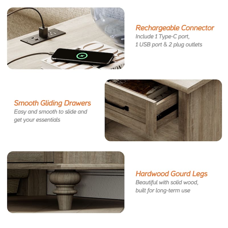 Farmhouse End Table Nightstands with Charging Station & Drawer