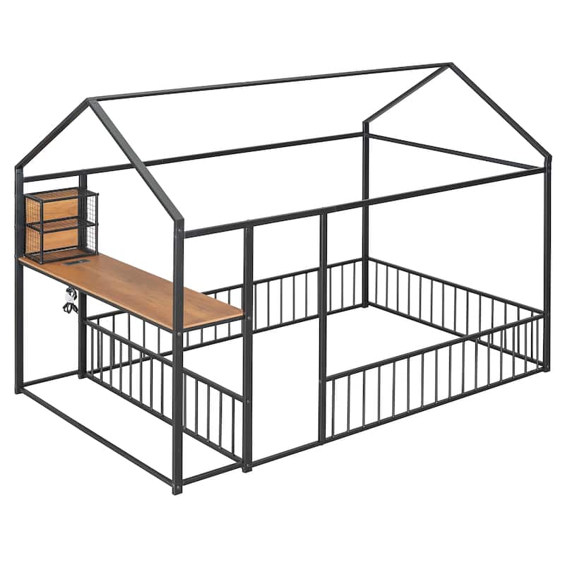 Full Size Metal Bed House Bed Frame with Desk, Shelves, Power Outlets and USB Ports
