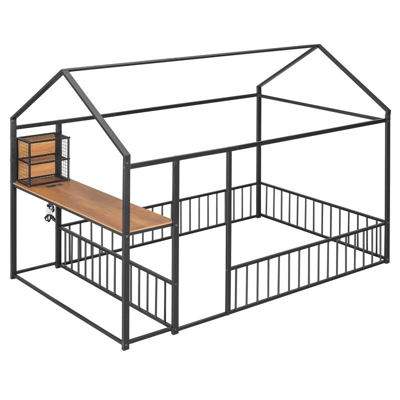 Full Size Metal Bed House Bed Frame with Desk