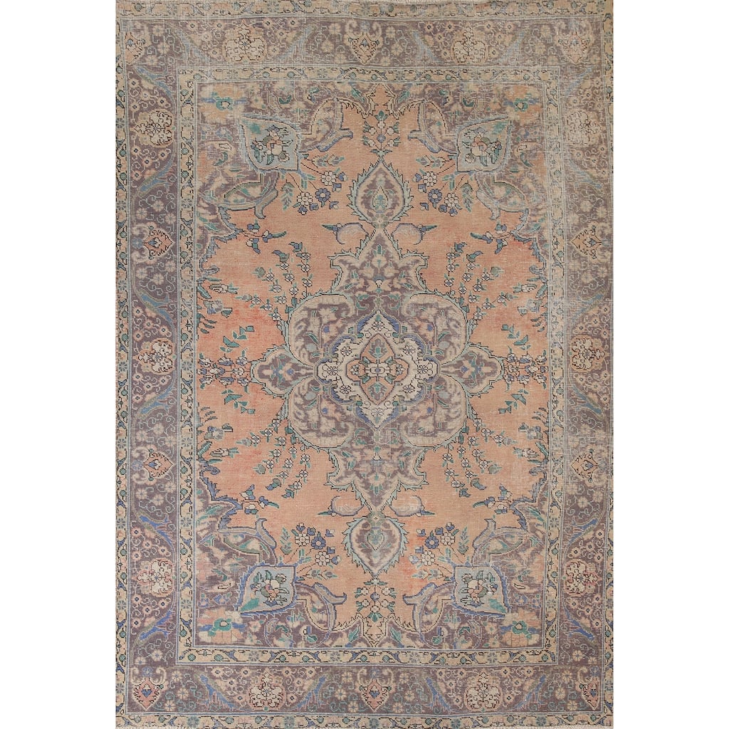 Hand Knotted Oriental 100% Wool Carpet Traditional Floral Oranges & Rust Tabriz Area Rug - 9' 3'' X 6' 5''