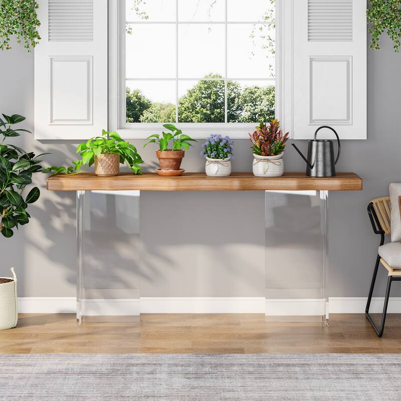 47-Inche Console Sofa Table with Wood Top and Acrylic Sleds for Entryway Hallway Living Room