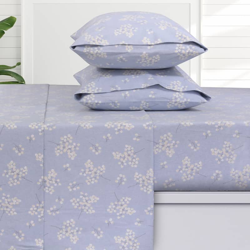 6-oz Cotton German Flannel Deep Pocket Sheet Set - Twin XL - Giovanna Floral Blue