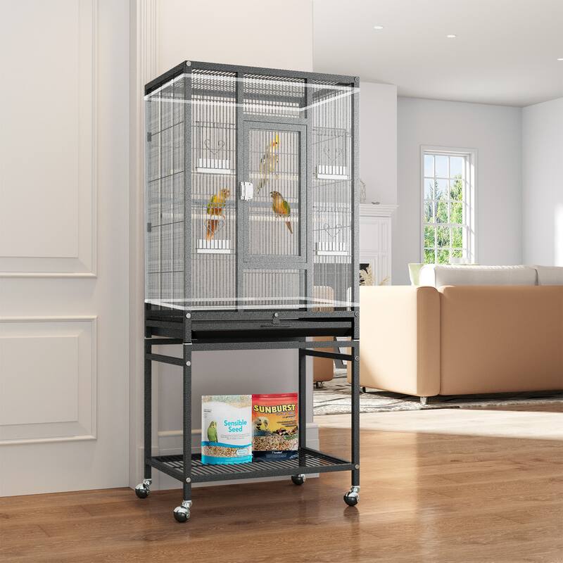 53 inches Bird Cage, Parakeet Cage for Parrot, Cockatiel, Flight cage for Birds with Rolling Stand (2 Extra Birdcage Covers)